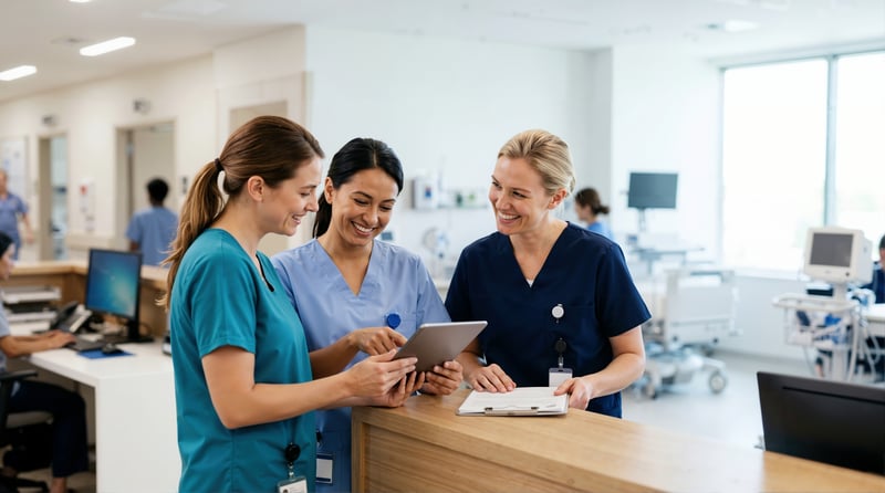 A nurse leader and a staff nurse talk at a hospital nurses’ station during a shift handoff.