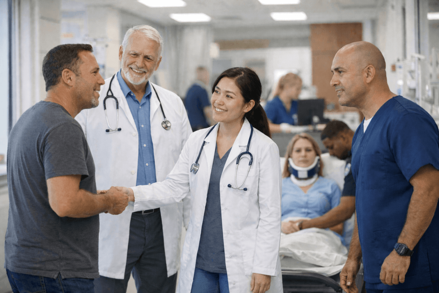 Healthcare professionals speaking with a patient in a hospital room while another patient with a neck brace rests in the background