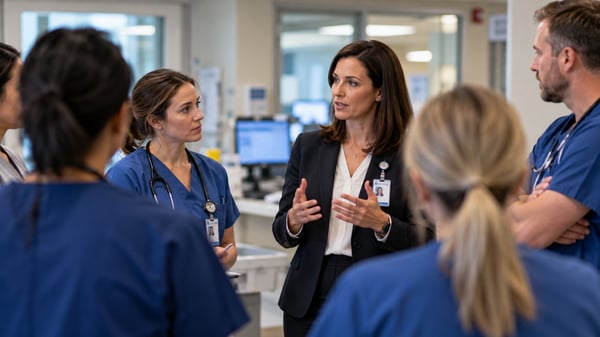 Hospital administrator discussing workplace violence prevention and staff safety with frontline healthcare workers during a leadership walkthrough.