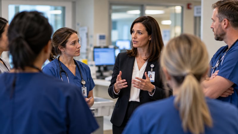 Hospital administrator discussing workplace violence prevention and staff safety with frontline healthcare workers during a leadership walkthrough.