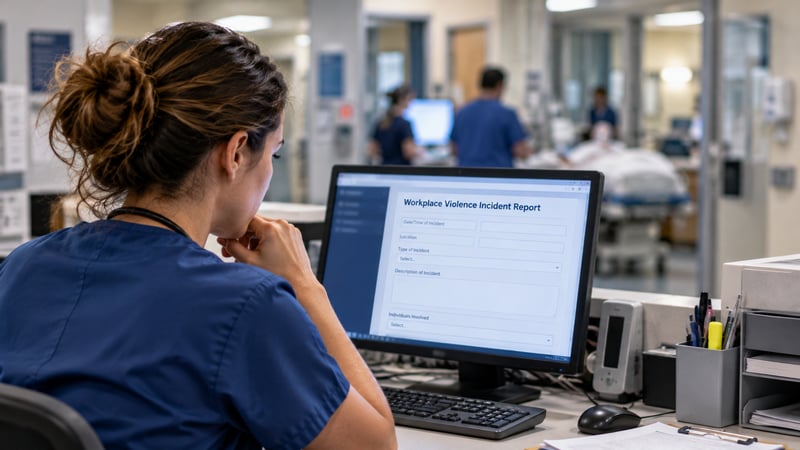 Healthcare nurse reviewing a workplace violence incident report on a computer in a hospital setting.